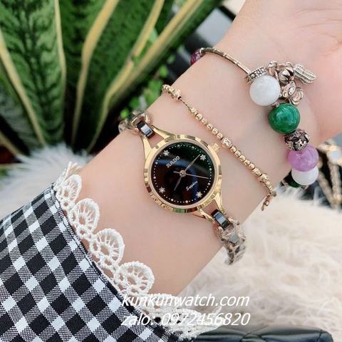 Đồng Hồ Lắc Tay Nữ Rado Điểm Pha Lê 4 Mốc Giờ Dây Đá Ceramic Đen Gold 26mm