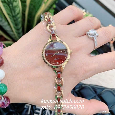 Đồng Hồ Lắc Tay Nữ Rado Điểm Pha Lê 4 Mốc Giờ Dây Đá Ceramic Nâu Đỏ Gold 26mm