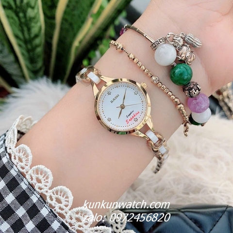 Đồng Hồ Lắc Tay Nữ Rado Điểm Pha Lê 4 Mốc Giờ Dây Đá Ceramic Trắng Gold 26mm