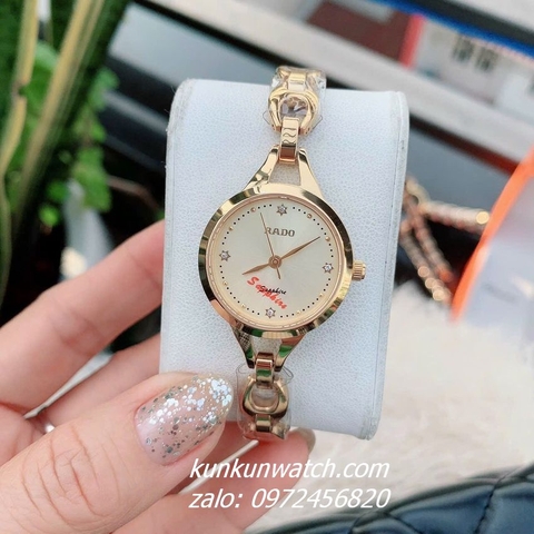 Đồng Hồ Lắc Tay Nữ Rado Điểm Pha Lê 4 Mốc Giờ Gold 26mm