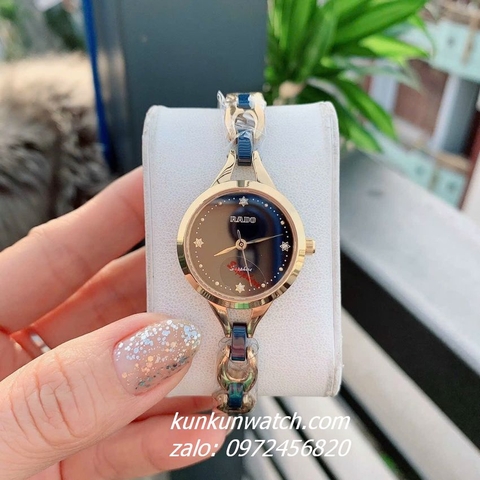 Đồng Hồ Lắc Tay Nữ Rado Điểm Pha Lê 4 Mốc Giờ Dây Đá Ceramic Xanh Gold 26mm