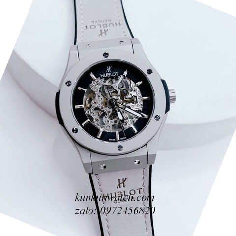 Đồng Hồ Nam Hublot Automatic Lộ Cơ Dây Da Silicone Xám 42mm