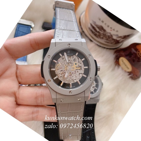 Đồng Hồ Nam Hublot  Automatic Lộ Cơ Dây Da Vân Silicone Xám 42mm