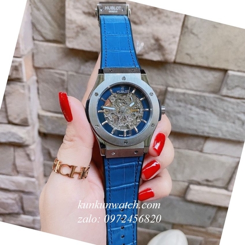 Đồng Hồ Nam Hublot  Automatic Lộ Cơ Dây Da Vân Silicone Xanh Silver 42mm