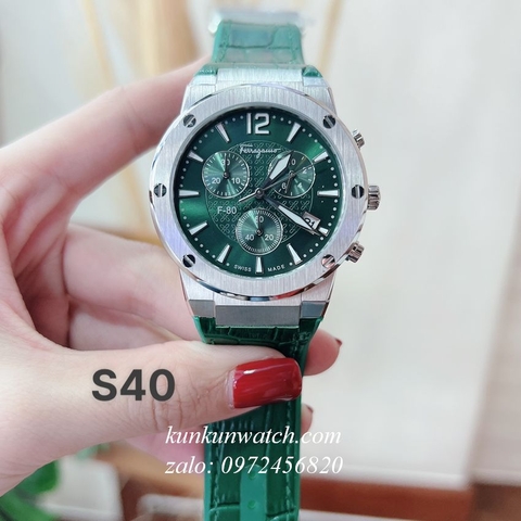 Đồng Hồ Nam Salvatore Ferragamo F80 Chronograph Dây Silicone Xanh Lá Silver 41mm