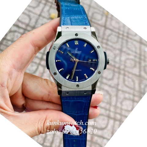Đồng Hồ Nam Hublot Classic Fusion Automatic Dây Da Vân Silicone Xanh Silver 42mm
