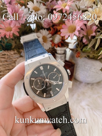 Đồng Hồ Nam Hublot HLD031 - Quartz - Dây Da Đen Vỏ Bạc -  42mm