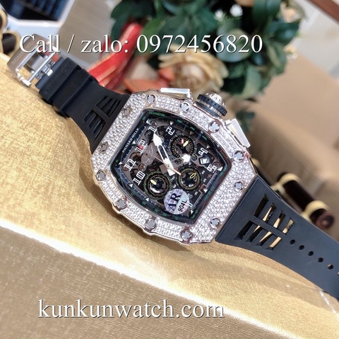 Đồng Hồ Nam Richard Miller - Vỏ Bạc Đính Hạt - Dây Cao Su Đen - Quartz - 42mm