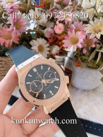 Đồng Hồ Nam Hublot HLS013 - Quartz - Dây Cao Su Đen Vỏ Vàng Hồng -  42mm