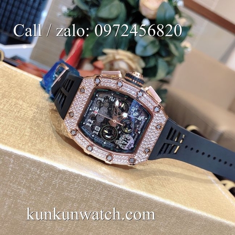 Đồng Hồ Nam Richard Miller - Vỏ Vàng Đính Hạt - Dây Cao Su Đen - Quartz - 42mm