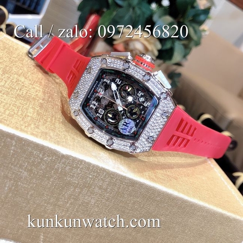 Đồng Hồ Nam Richard Miller - Vỏ Bạc Đính Hạt - Dây Cao Su Đỏ - Quartz - 42mm