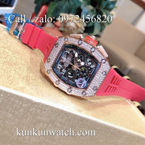 Đồng Hồ Nam Richard Miller - Vỏ Vàng Đính Hạt - Dây Cao Su Đỏ - Quartz - 42mm