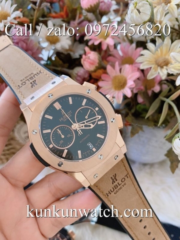 Đồng Hồ Nam Hublot HLD024 - Quartz - Dây Da Nâu Mặt Đen -  42mm