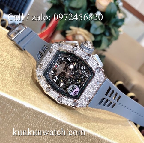 Đồng Hồ Nam Richard Miller - Vỏ Bạc Đính Hạt - Dây Cao Su Xám - Quartz - 42mm