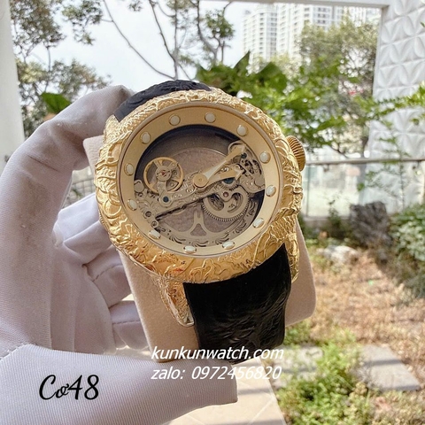 Đồng Hồ Nam Invicta Automatic Lộ Cơ 2 Kim Gold Dây Da Đen 48mm