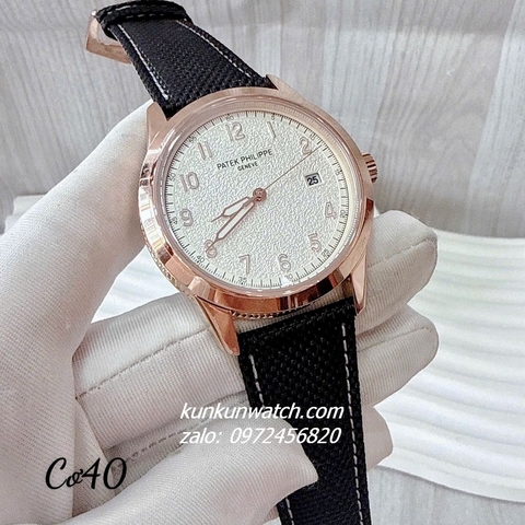 Đồng Hồ Nam Patek Philippe Geneve Automatic Nền Mặt Trắng Vân Cát Dây Da Đen Rose Gold 40mm