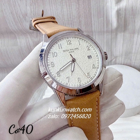 Đồng Hồ Nam Patek Philippe Geneve Automatic Nền Mặt Trắng Vân Cát Dây Da Nâu Silver 40mm