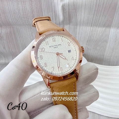 Đồng Hồ Nam Patek Philippe Geneve Automatic Nền Mặt Trắng Vân Cát Dây Da Nâu Rose Gold 40mm