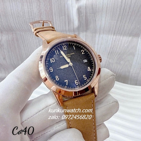 Đồng Hồ Nam Patek Philippe Geneve Automatic Nền Mặt Xanh Vân Cát Dây Da Nâu Rose Gold 40mm