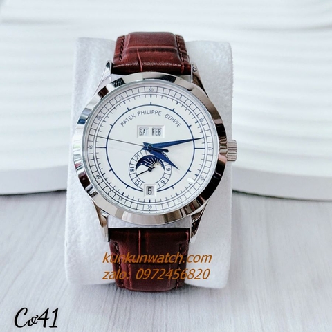 Đồng Hồ Nam Patek Philippe Automatic Đánh Dấu Phút, 4 Lịch Dây Da Nâu Mặt Trắng Silver 41mm