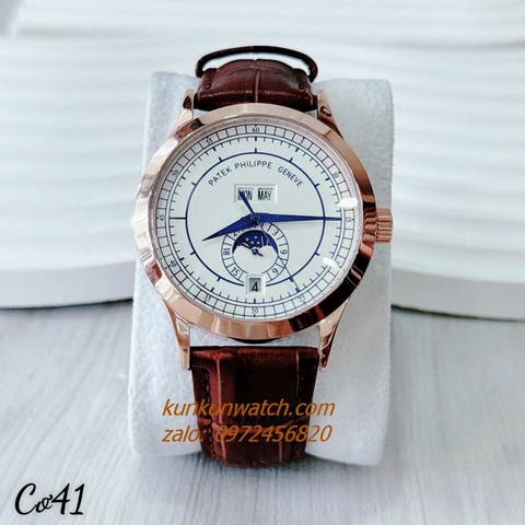Đồng Hồ Nam Patek Philippe Automatic Đánh Dấu Phút, 4 Lịch Dây Da Nâu Mặt Trắng Demi 41mm