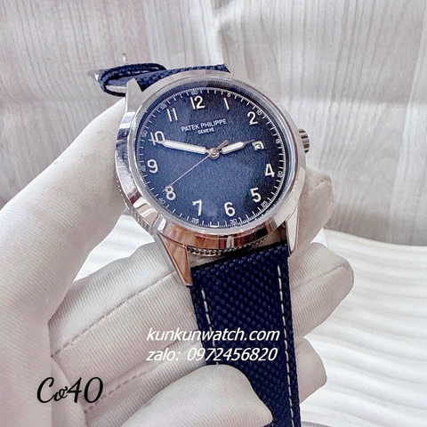 Đồng Hồ Nam Patek Philippe Geneve Automatic Nền Mặt Vân Cát Dây Da Xanh Silver 40mm