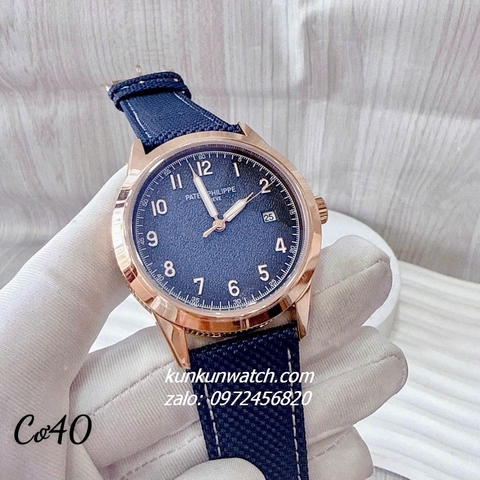 Đồng Hồ Nam Patek Philippe Geneve Automatic Nền Mặt Vân Cát Dây Da Xanh Rose Gold 40mm
