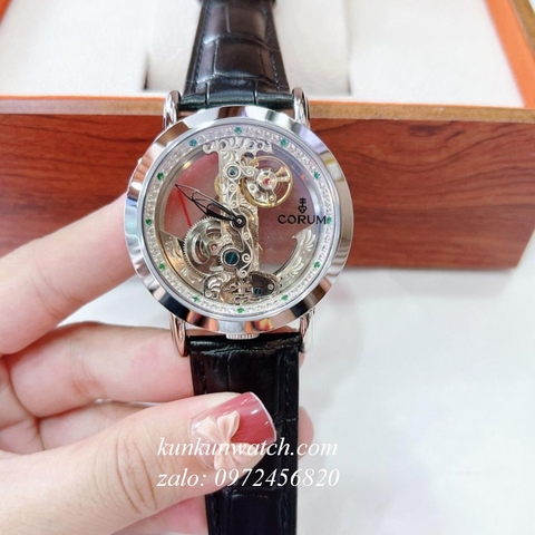 Đồng Hồ Nam Corum Automatic Lộ Cơ Trong Suốt Dây Da Đen Vỏ Bạc 44mm