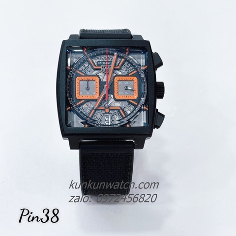 Đồng Hồ Nam Tag Heuer Monaco Chronograph Lộ Máy Cam Dây Silicone Đen Black Mặt Vuông 38mm