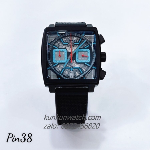 Đồng Hồ Nam Tag Heuer Monaco Chronograph Lộ Máy Xanh Dây Silicone Đen Black Mặt Vuông 38mm