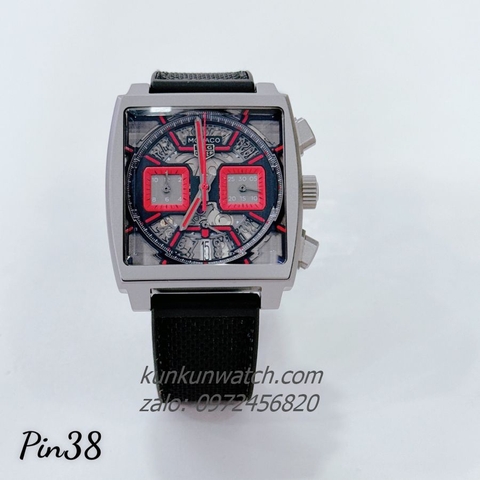 Đồng Hồ Nam Tag Heuer Monaco Chronograph Lộ Máy Đỏ Dây Silicone Đen Silver Mặt Vuông 38mm