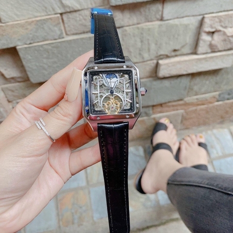 Đồng Hồ Nam Cartier Automatic Lộ Cơ - Lịch Ngày Đêm - Dây Đen Mặt Trắng Vuông 42mm