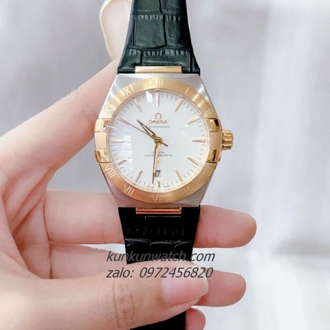Đồng Hồ Nam Omega Constellation Automatic Niềng Số La Mã Dây Trơn Đen Demi Gold 40mm