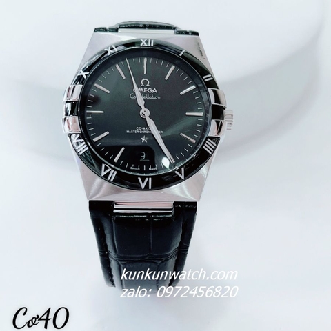 Đồng Hồ Nam Omega Constellation Automatic Niềng Số La Mã Dây Đen Mặt Đen Silver Viền Đen 40mm