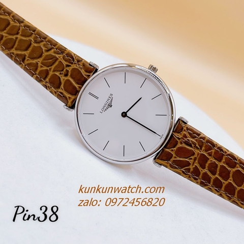 Đồng Hồ Nam Longines Quartz Mặt Trắng Silver Dây Da Nâu 38mm