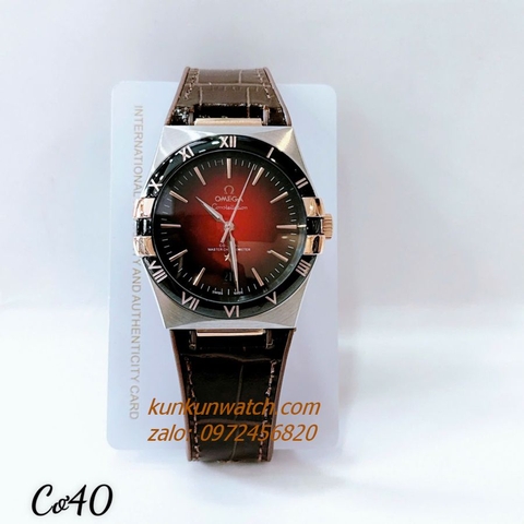 Đồng Hồ Nam Omega Constellation Automatic Niềng Số La Mã Dây Nâu Mặt Đen Đỏ Silver 40mm