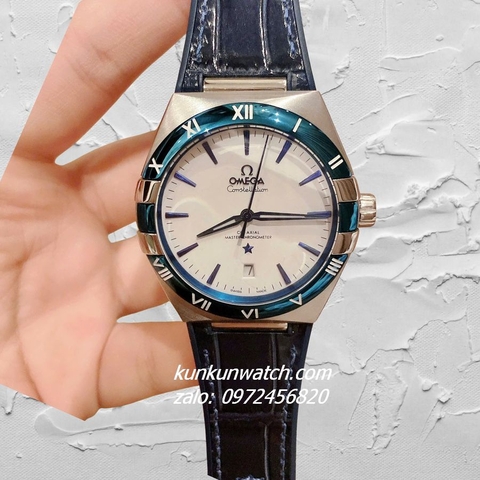Đồng Hồ Nam Omega Constellation Automatic Niềng Số La Mã Dây Xanh Mặt Trắng Silver 40mm