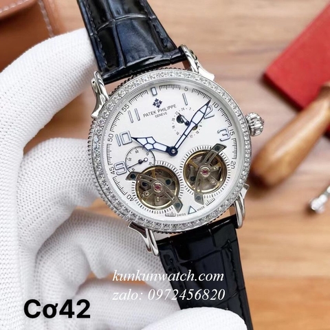 Đồng Hồ Nam Patek Philippe Automatic Lộ Cơ 4 Kim Đính Pha Lê Đen Mặt Trắng Silver 42mm
