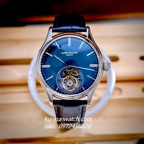 Đồng Hồ Nam Patek Philippe Geneve Automatic Lộ Cơ 2 Kim Dây Da Xanh Blue Silver 43mm