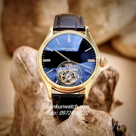 Đồng Hồ Nam Patek Philippe Geneve Automatic Lộ Cơ 2 Kim Dây Da Đen Gold 43mm
