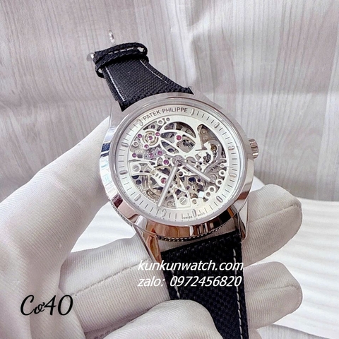 Đồng Hồ Nam Patek Philippe Automatic Lộ Cơ Mặt Trắng Dây Da Đen Silver 40mm