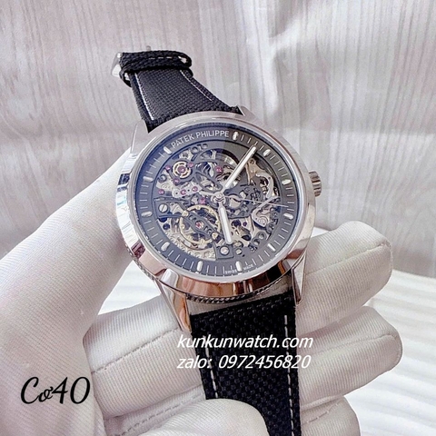 Đồng Hồ Nam Patek Philippe Automatic Lộ Cơ Mặt Xám Dây Da Đen Silver 40mm