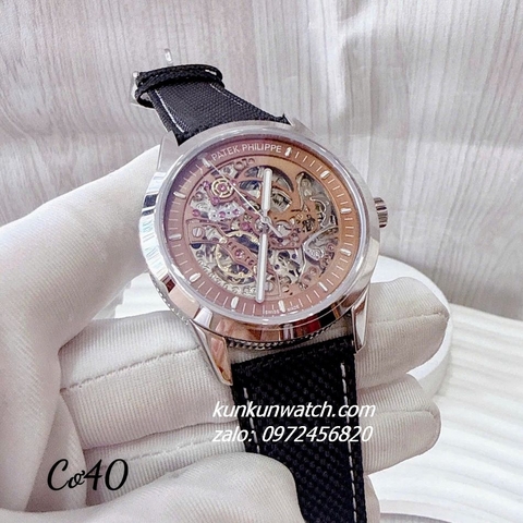 Đồng Hồ Nam Patek Philippe Automatic Lộ Cơ Mặt Nâu Dây Da Đen Silver 40mm