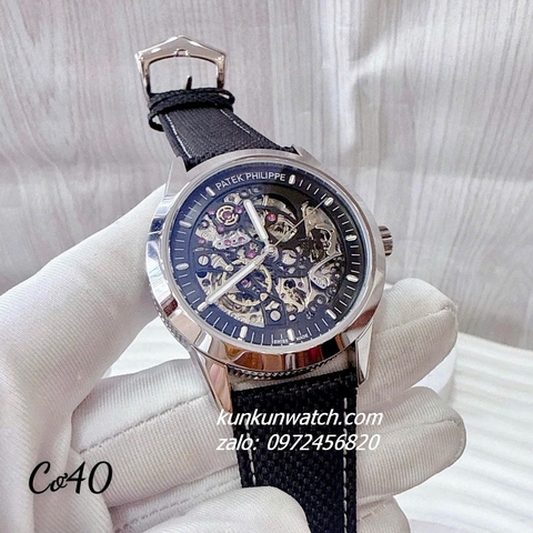 Đồng Hồ Nam Patek Philippe Automatic Lộ Cơ Dây Da Đen Silver 40mm