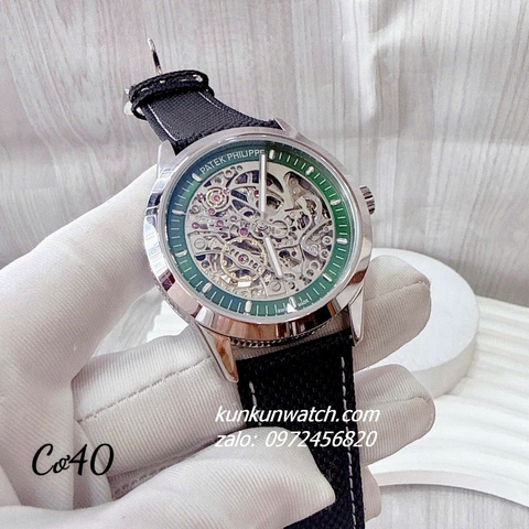 Đồng Hồ Nam Patek Philippe Automatic Lộ Cơ Mặt Xanh Lá Dây Da Đen Silver 40mm