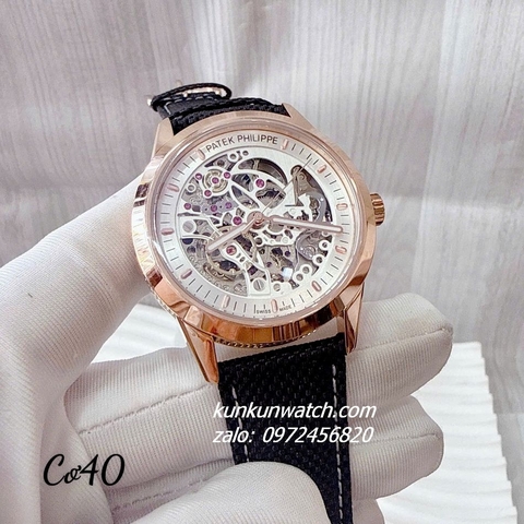 Đồng Hồ Nam Patek Philippe Automatic Lộ Cơ Mặt Trắng Dây Da Đen Rose Gold 40mm