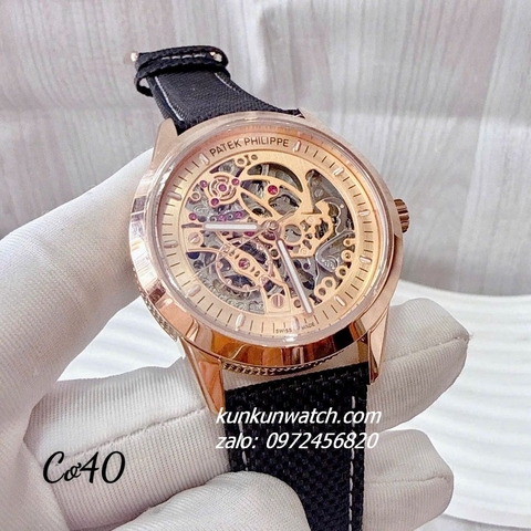 Đồng Hồ Nam Patek Philippe Automatic Lộ Cơ Mặt Vàng Dây Da Đen Rose Gold 40mm