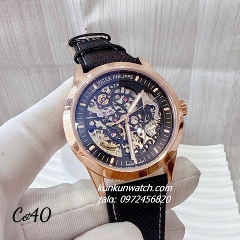 Đồng Hồ Nam Patek Philippe Automatic Lộ Cơ Dây Da Đen Rose Gold 40mm