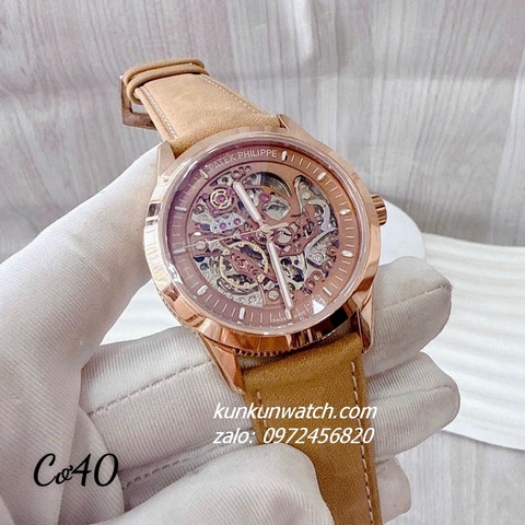 Đồng Hồ Nam Patek Philippe Automatic Lộ Cơ Dây Da Nâu Rose Gold 40mm