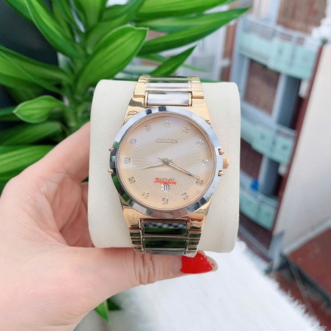 Đồng Hồ Nam Citizen Quartz Đính Đá 12 Mốc Giờ Lịch Ngày Dây Đá Sapphire Gold Mặt Vàng 40mm